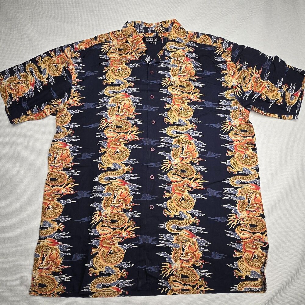 Kamro Men’s Dragon Flame Border Shirt XXXL 3XL Black Cotton Button Down Casual